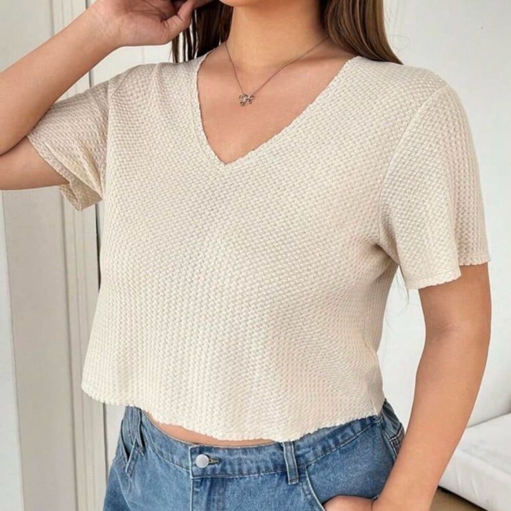 SHEIN EZwear Crop Top Apricot Sheer V-Neck Plus Size T-Shirt, Minimalist 14